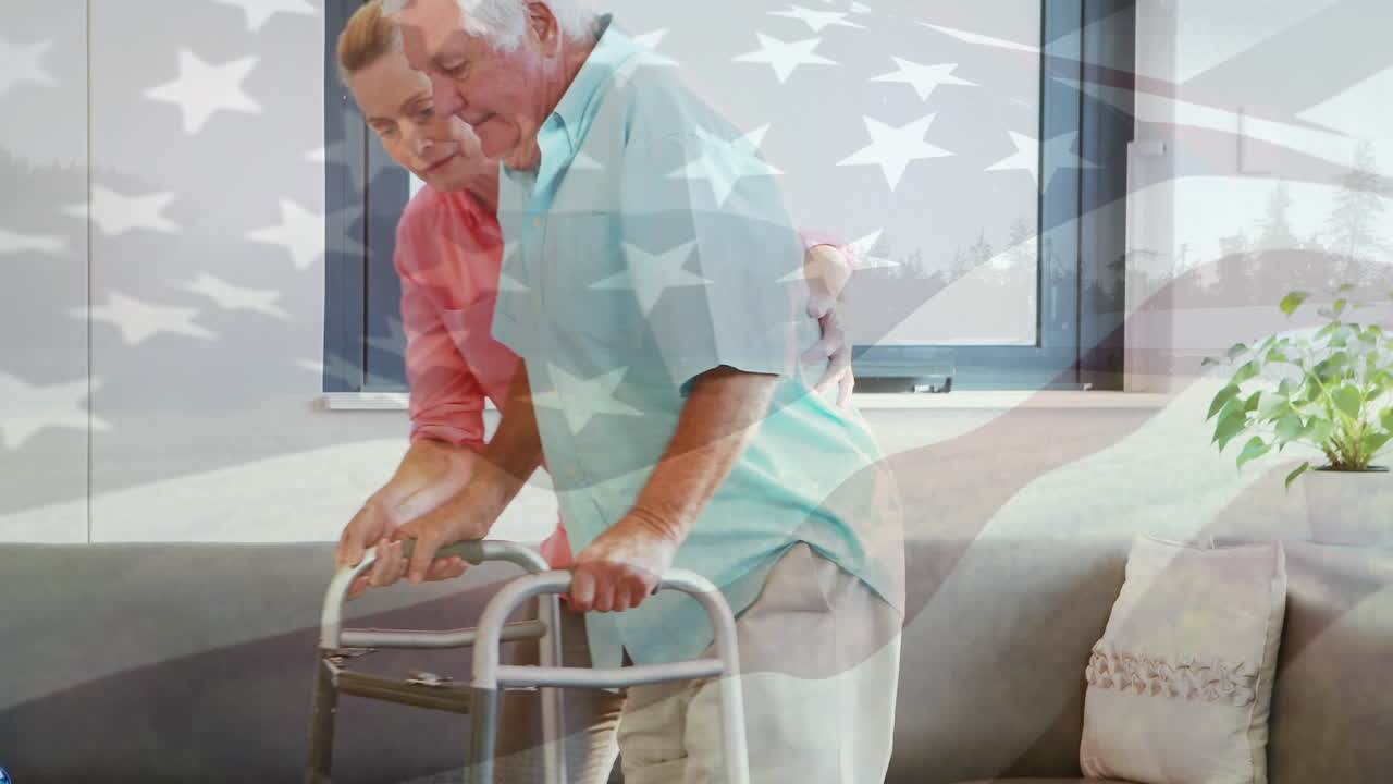 미국 발의 애니메이션이 고위 백인 부부 위에 있습니다.