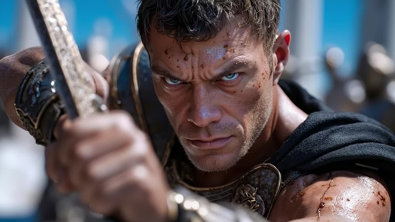 A man holding a sword in a scene from the movie Spartacus: War of the Damned