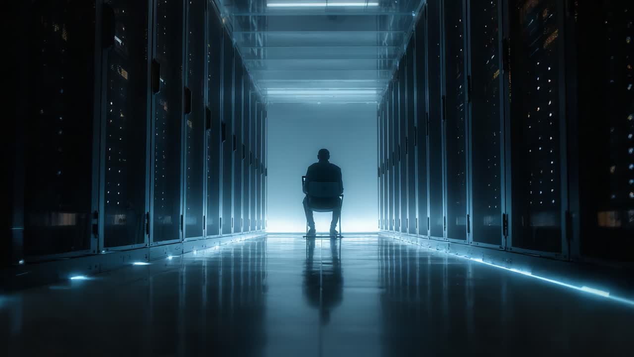 A solitary figure immersed in a high-tech data center, illuminated by soft blue light, contemplating the vast array of powerful servers surrounding them