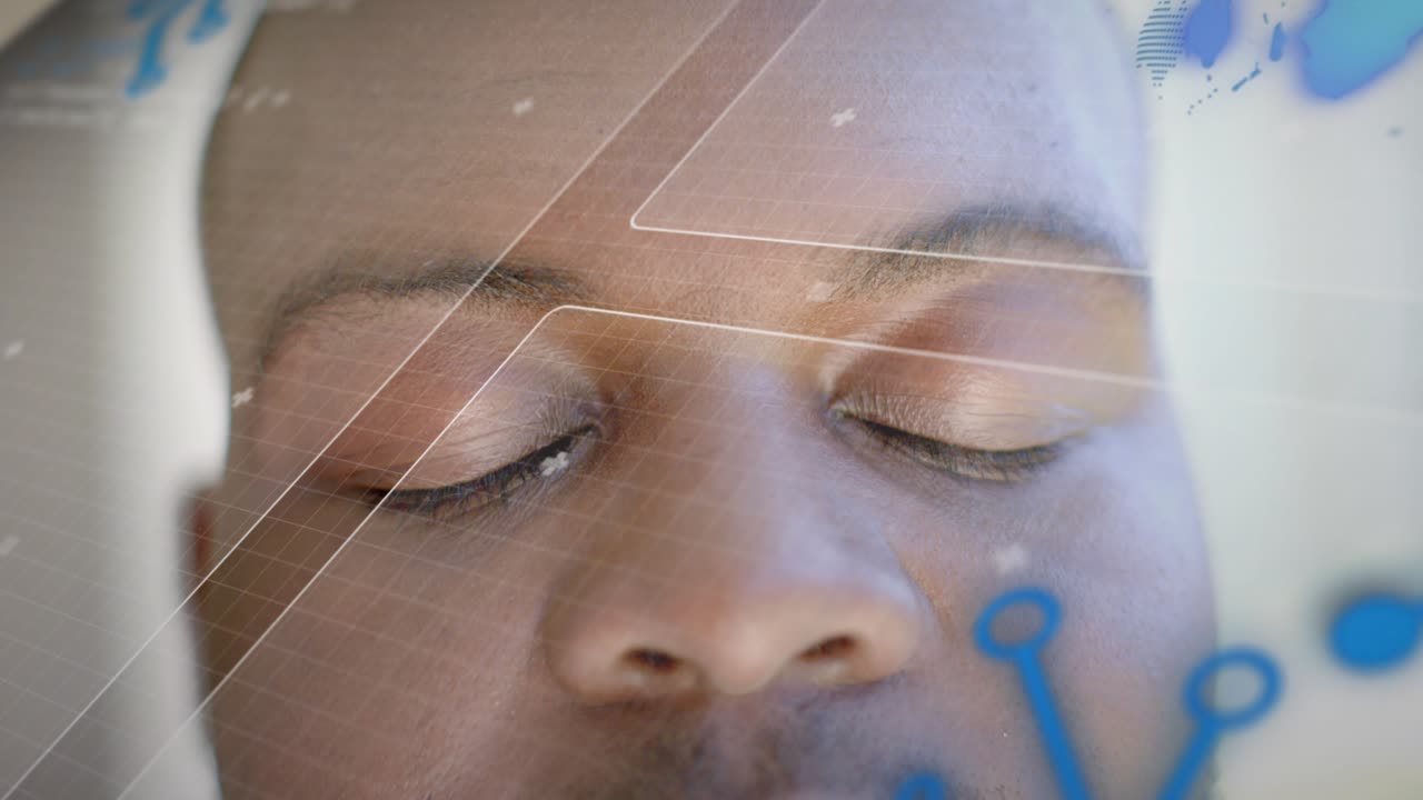 Man wearing white hood in biometric scan, HUD sweeping, initiating eyes opening, focusing, closing