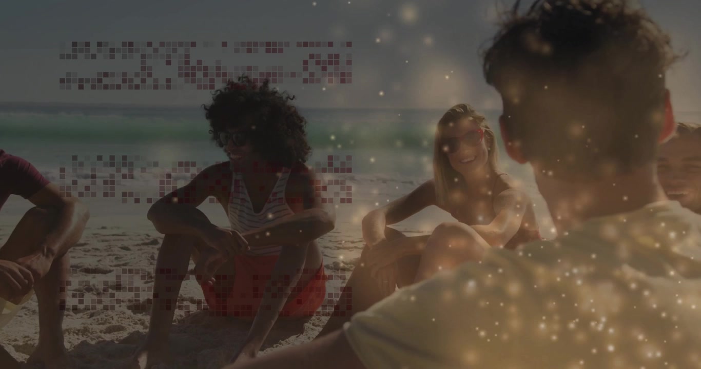 Friends chatting on sandy shore, with animated sparkle overlays and wave icons for marketing