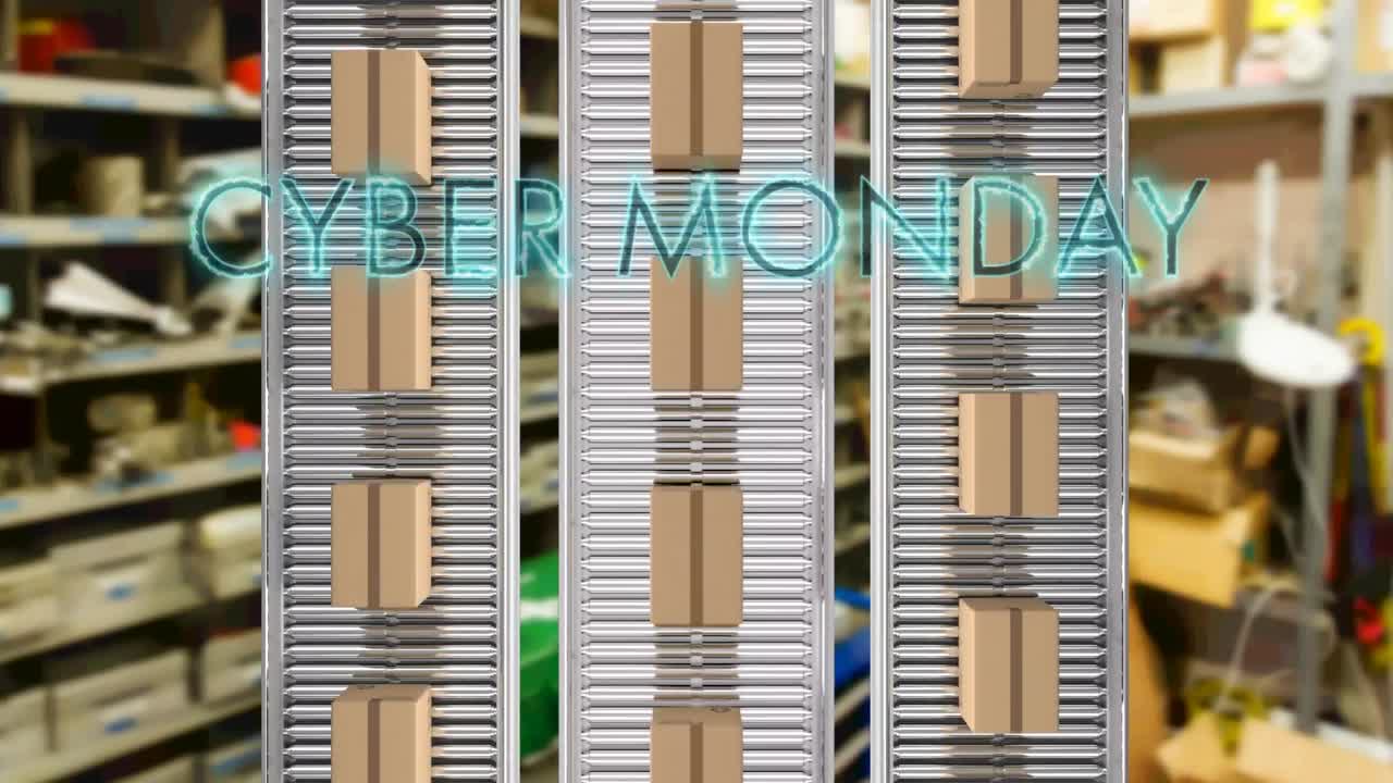 Neon blue cyber monday text banner over multiple delivery boxes on conveyer belt against factory