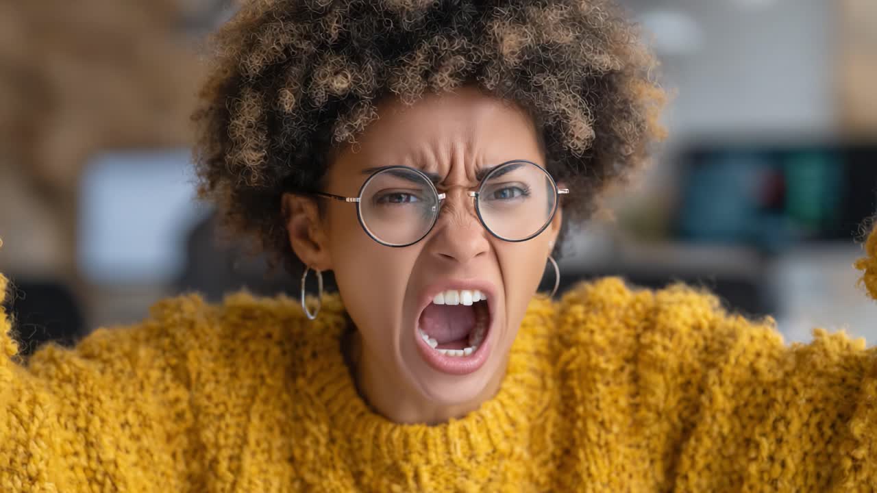 A young woman with curly hair passionately expresses her emotion, showcasing both frustration and intensity in her animated facial expressions and gestures