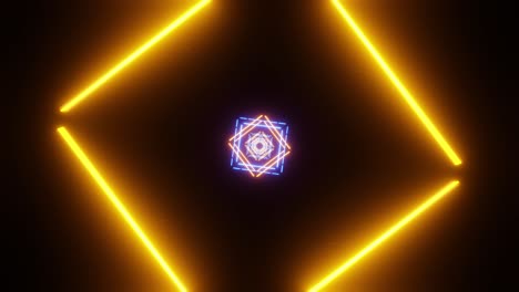 flying in a tunnel with flashing blue and yellow fluorescent lights. looped animation.