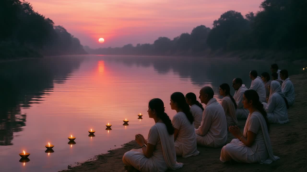 People Meditating By River At Sunset