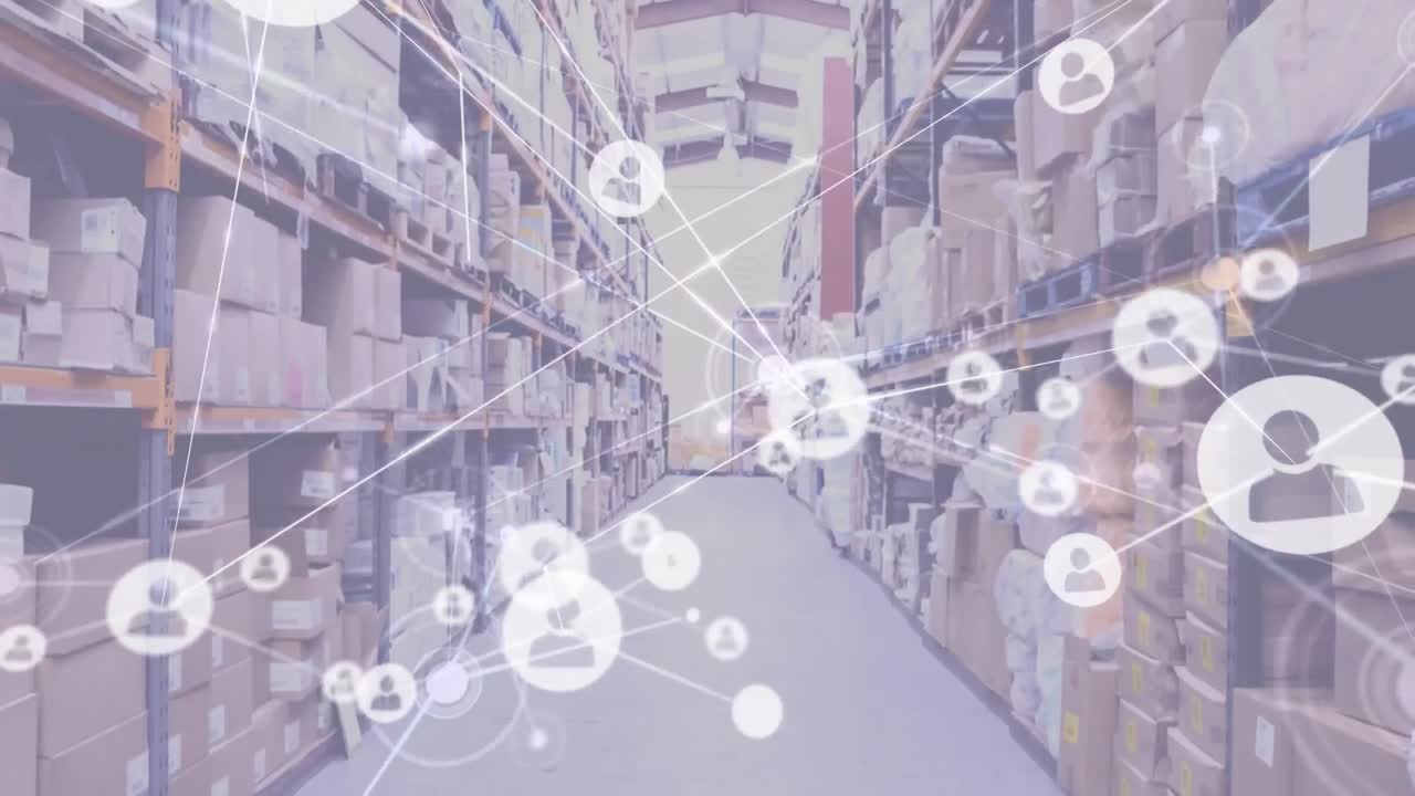 배경에서 창고 위에 연결된 아이콘과 점의 애니메이션