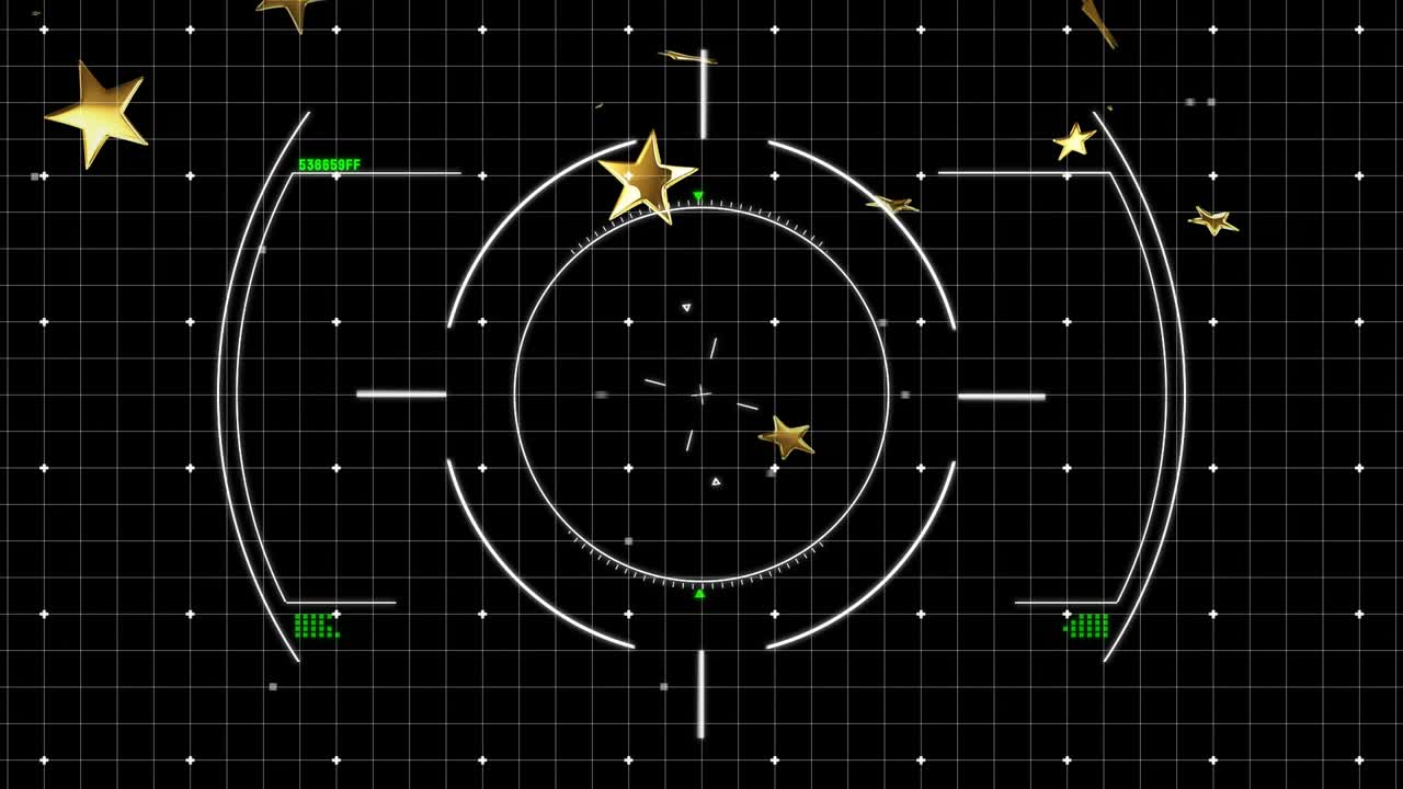 Centered HUD reticle responding to gold stars, rotating and pulsing to show target tracking
