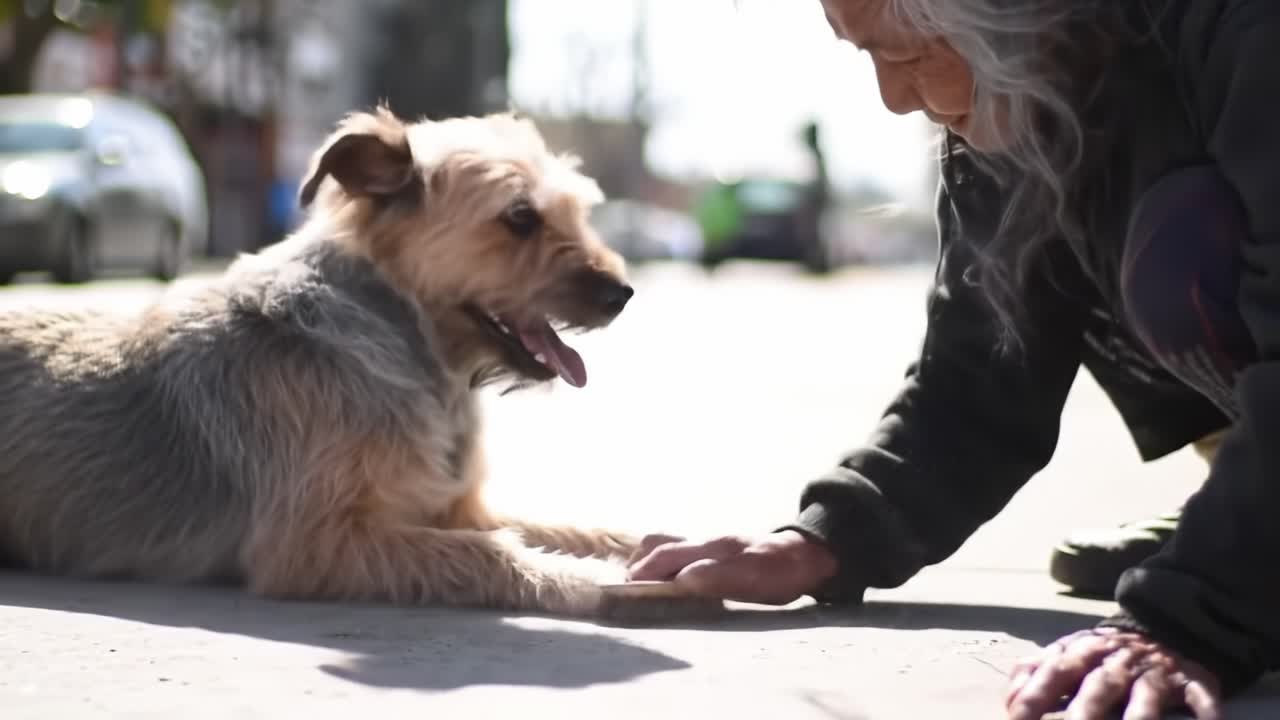 An affectionate moment captured between an elderly woman and her beloved dog as they share a gentle interaction on a sunny street, highlighting their bond and love for one another.