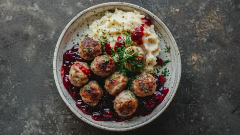albóndigas suecas con puré de patatas y salsa de arándano