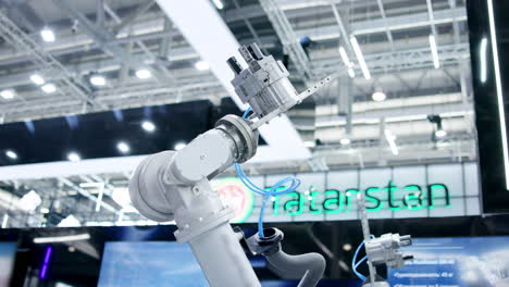 industrial robotic arm on display at a technology exhibition