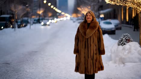 mujer con abrigo de piel en una calle nevada de la ciudad por la noche