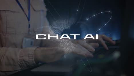 animación de texto de inteligencia artificial y procesamiento de datos sobre mujer caucásica usando computadora.