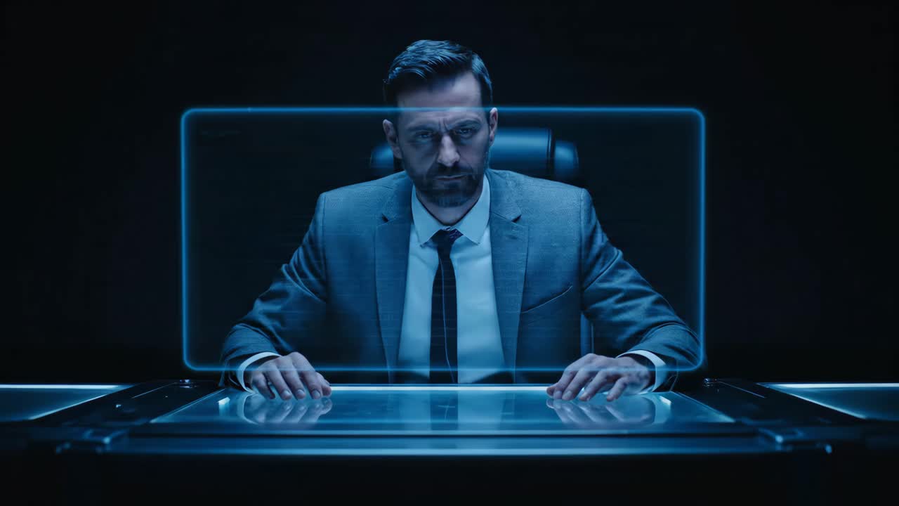 A man interacting with a futuristic interface