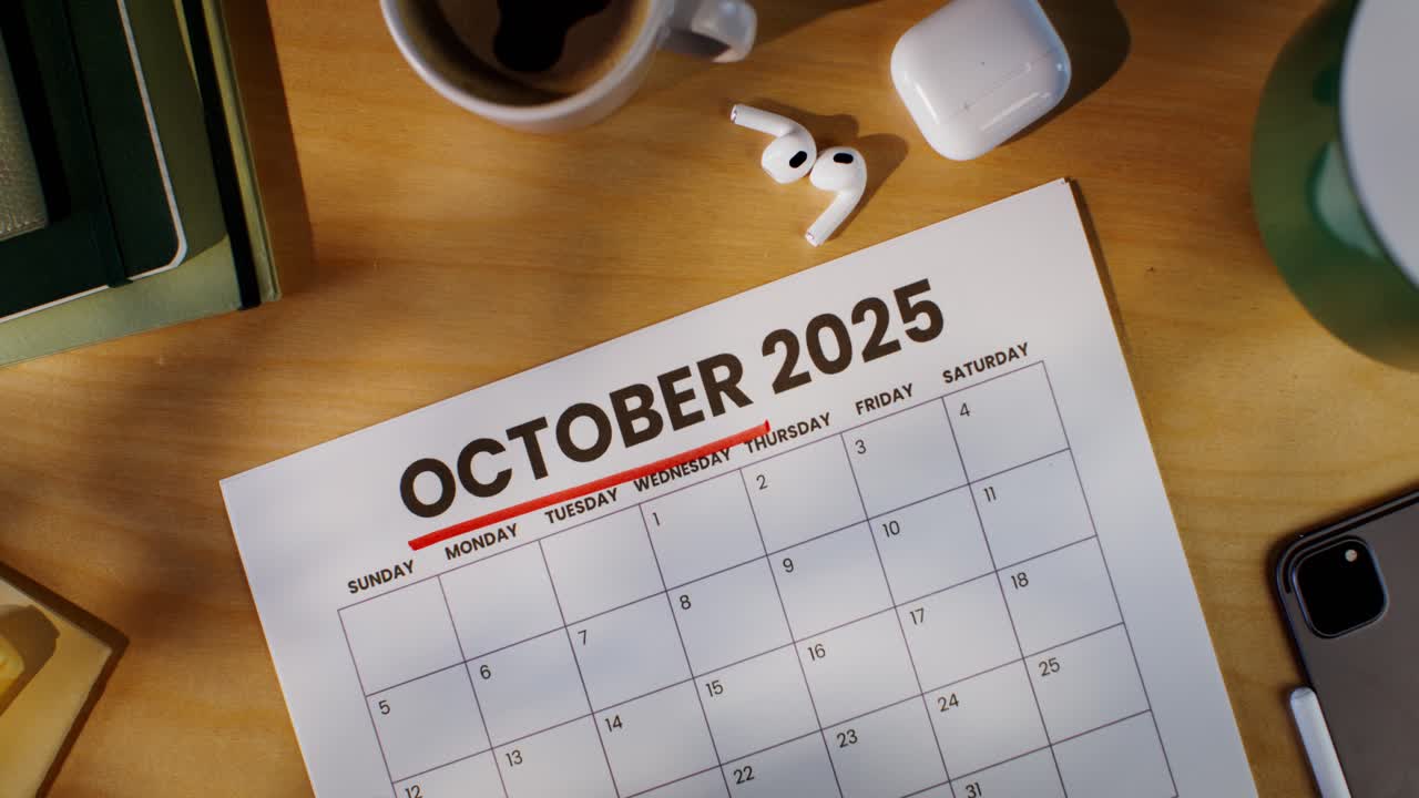 October 2025 Calendar on a Desk