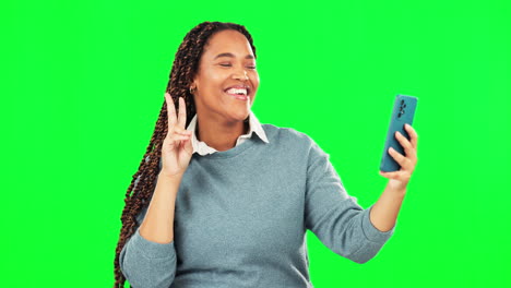 Peace,-selfie-and-woman-in-green-screen-studio