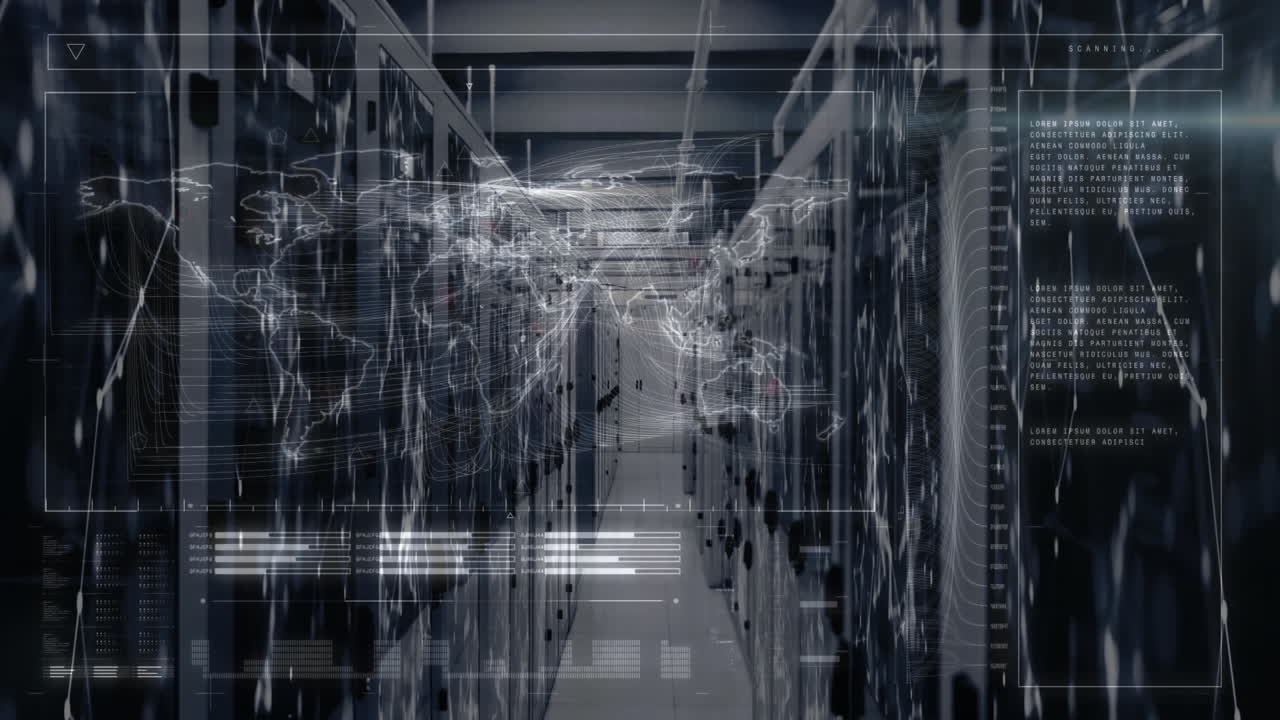 World map and data processing animation over server racks in data center