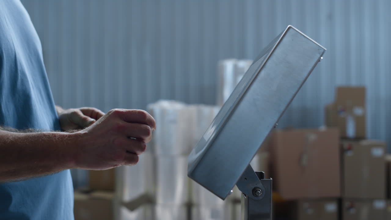 primer plano trabajador de fábrica pesando las mercancías a mano calculando la producción de suministro tipado