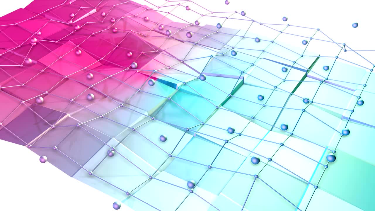 baja superficie polimétrica 3d con cuadrícula o malla voladora y esferas móviles como entorno informático. bajo fondo polimétrico suave de polígonos rojos y azules puros.