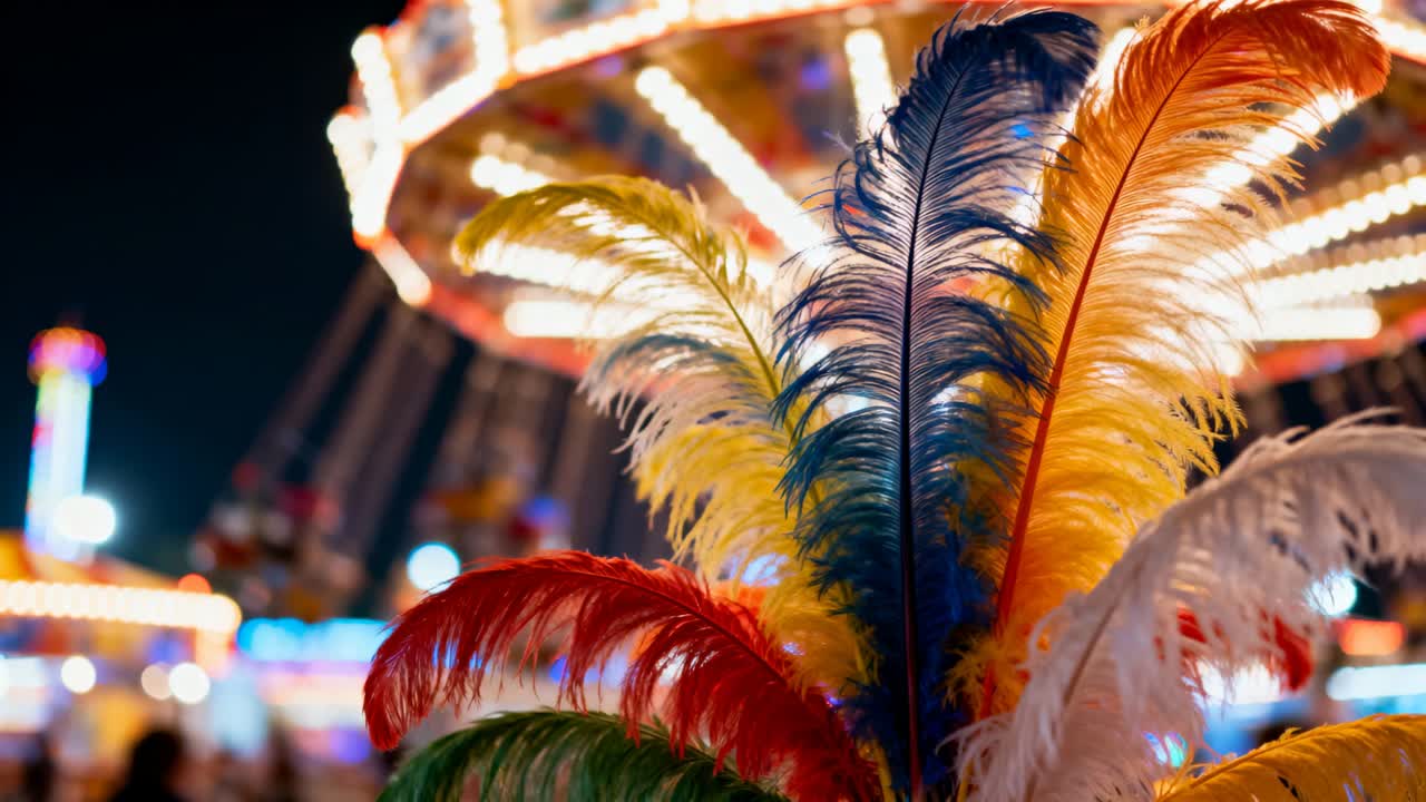 Shifting camera focus revealing tall colorful feathers at night carnival, rotating ride bulb rows
