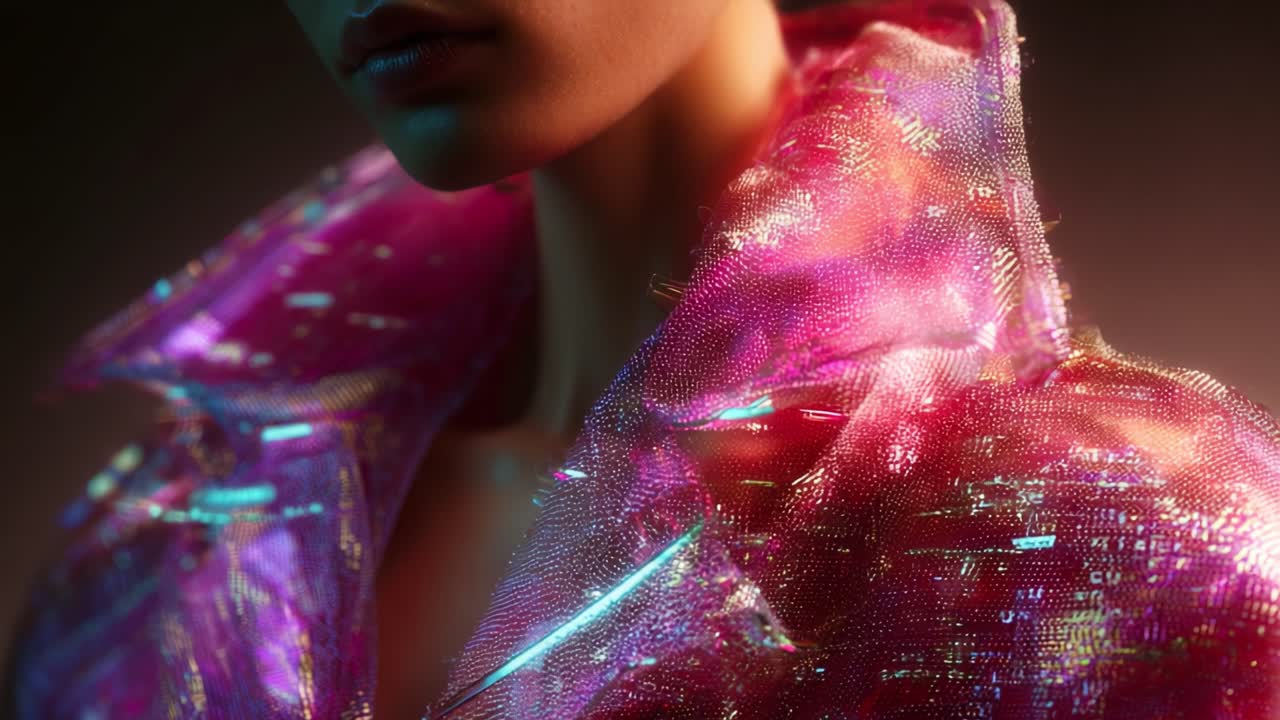 A Stunning Close-Up of a Fashionable Model Wearing a Shimmering Pink and Blue Iridescent Jacket Showcases Innovative Style and Modern Aesthetics in a Futuristic Context