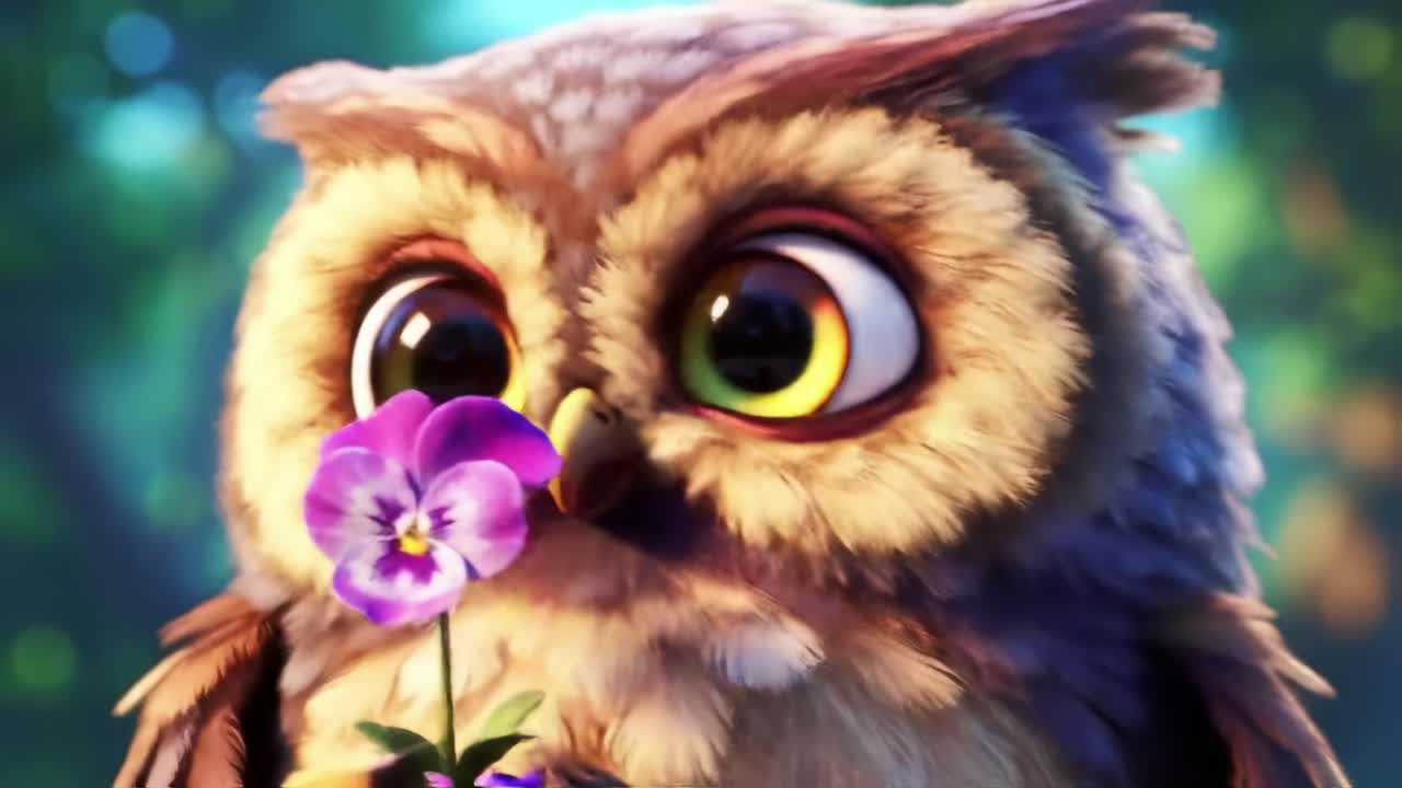 An Adorable Animated Owl Sniffs a Violet Flower, Capturing the Beauty of Nature and Innocence in a Lush, Vibrant Forest Setting Through Vibrant Animation
