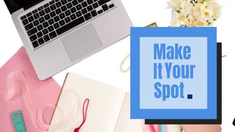 animation of make it your spot text on memo note over laptop and office items on white background