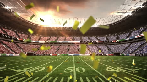 animation of golden confetti falling against view of rugby stadium