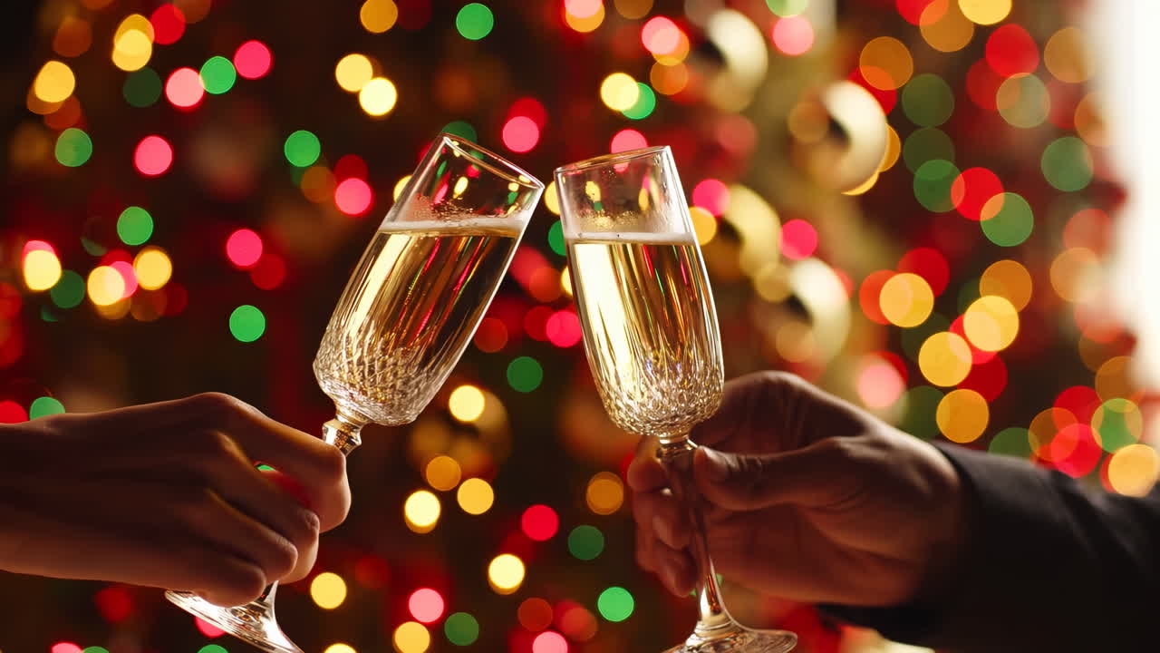 Due mani che brindano con calici di champagne con luci bokeh festive
