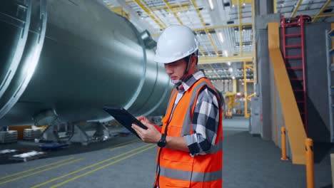 vista lateral de un ingeniero masculino asiático con casco de seguridad trabajando en una tableta mientras está de pie en una fábrica de fabricación de tubos