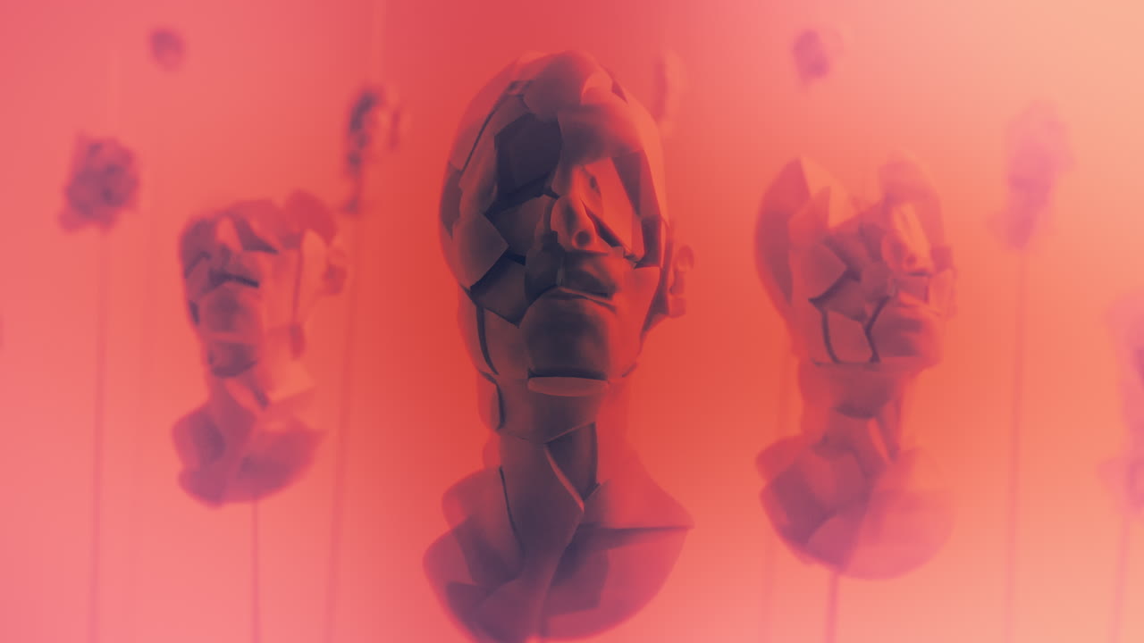 Destroyed android heads on spikes on the neon pink background