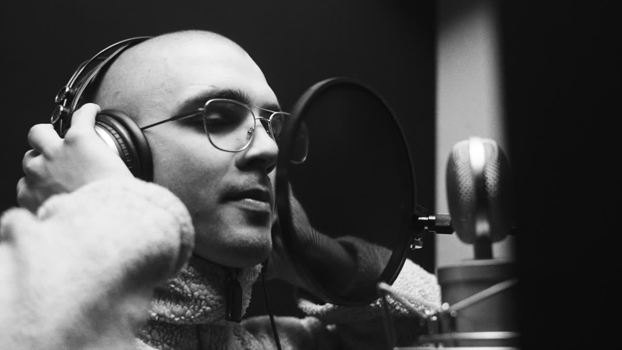 스튜디오에서 보컬을 녹음하는 음악가