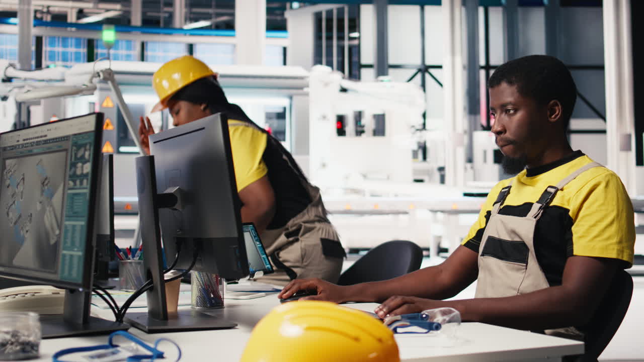 Vertical Video Black engineer works on solar software settings in automated factory