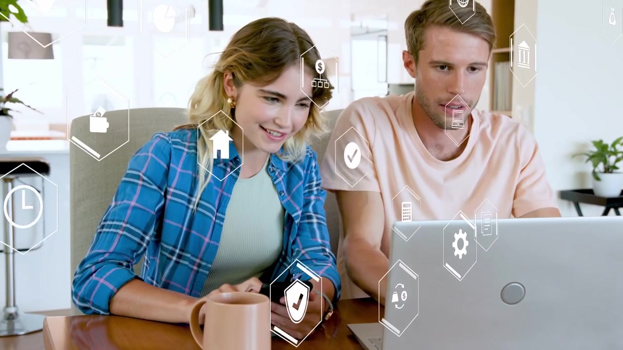 Pair scanning laptop, woman tapping phone and pointing, verifying home tech, hex UI on laptop