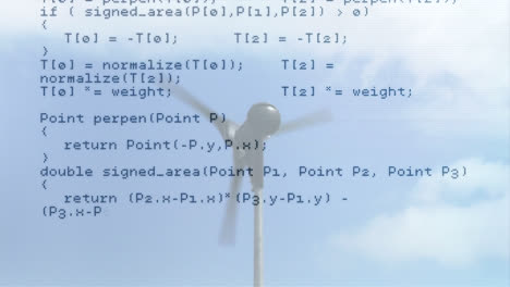 animation of data processing over wind turbine and sky with clouds