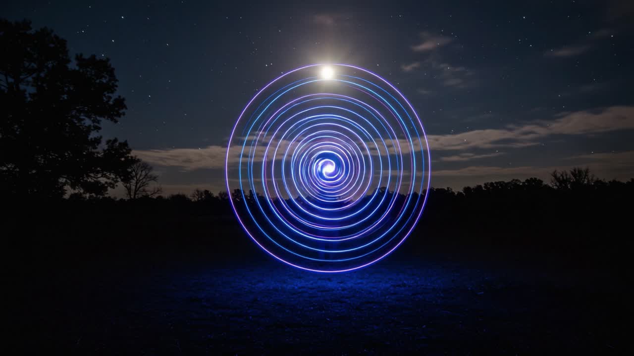 Captivating Spiral of Light: A Mesmerizing Display of Creativity Under the Night Sky with Stars and Moon, Showcasing Artistic Expression Through Light Trails