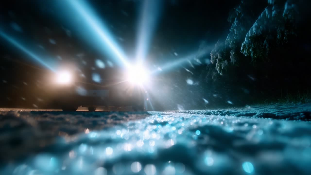 A Mysterious Night Scene Featuring Glowing Headlights Piercing Through a Snowy Landscape, Capturing the Intriguing Contrast of Light and Shadow in a Serene, Wintery Environment