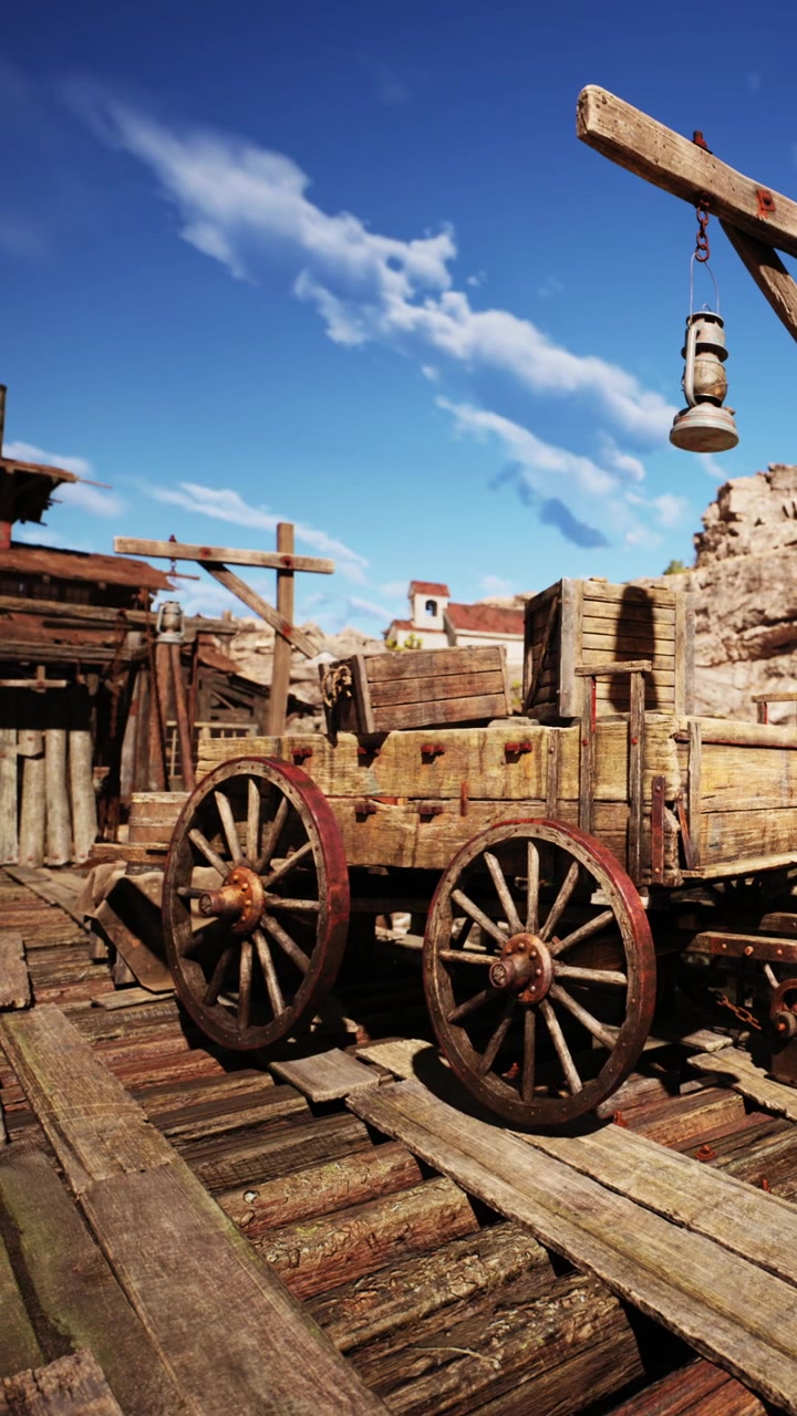Old wooden cart sits on wooden planks under blue sky with clouds