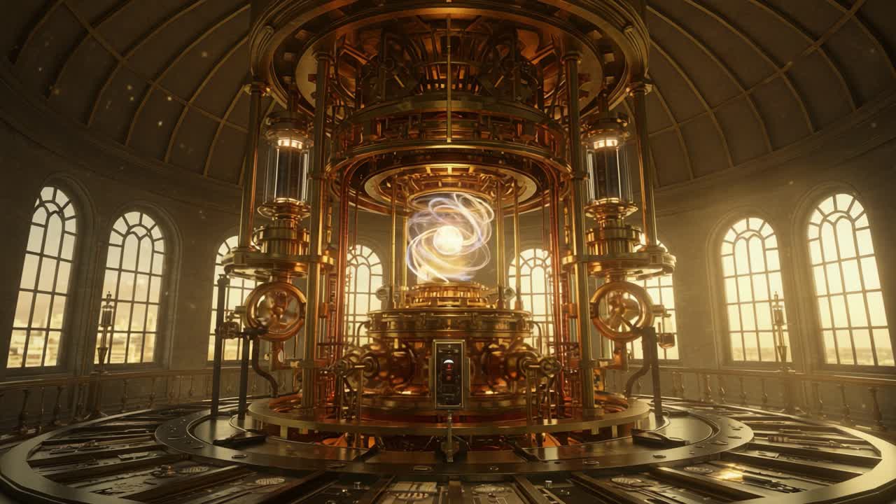 Uno straordinario meccanismo in stile steampunk ricco di ingranaggi complessi, energia incandescente e riflessi dell'architettura circostante, che racchiude un'affascinante combinazione di arte e tecnologia