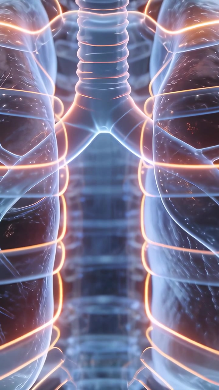 Vertical video: Animating clear lungs pulsing trachea while orange bands moving down in 3D display