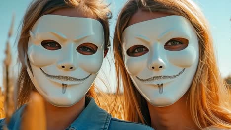 two women wearing masks in a field of wheat