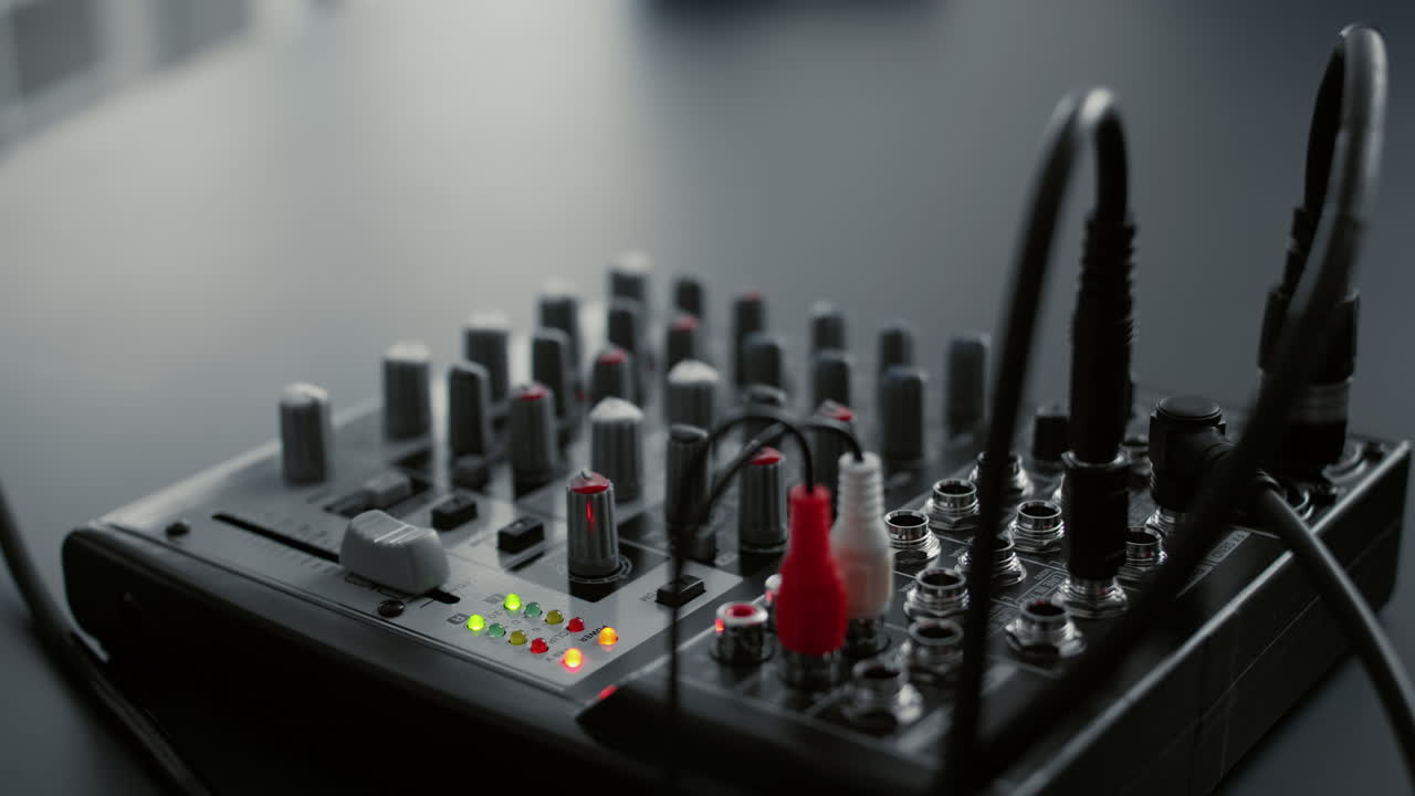 DJ mixer console with knobs and equalizer standing on home studio desk