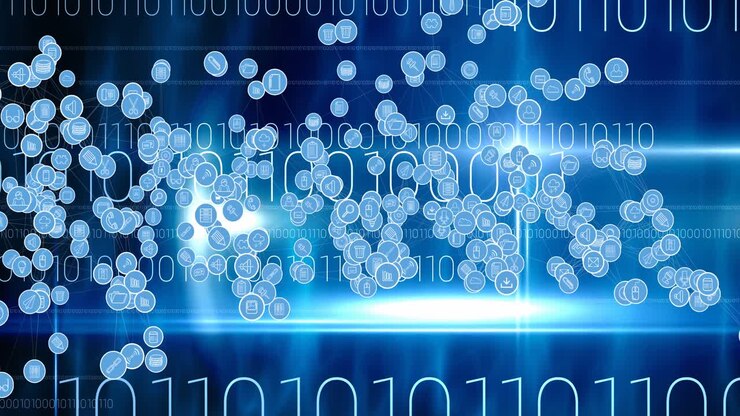 Animation of network of connections with digital icons over binary coding in background