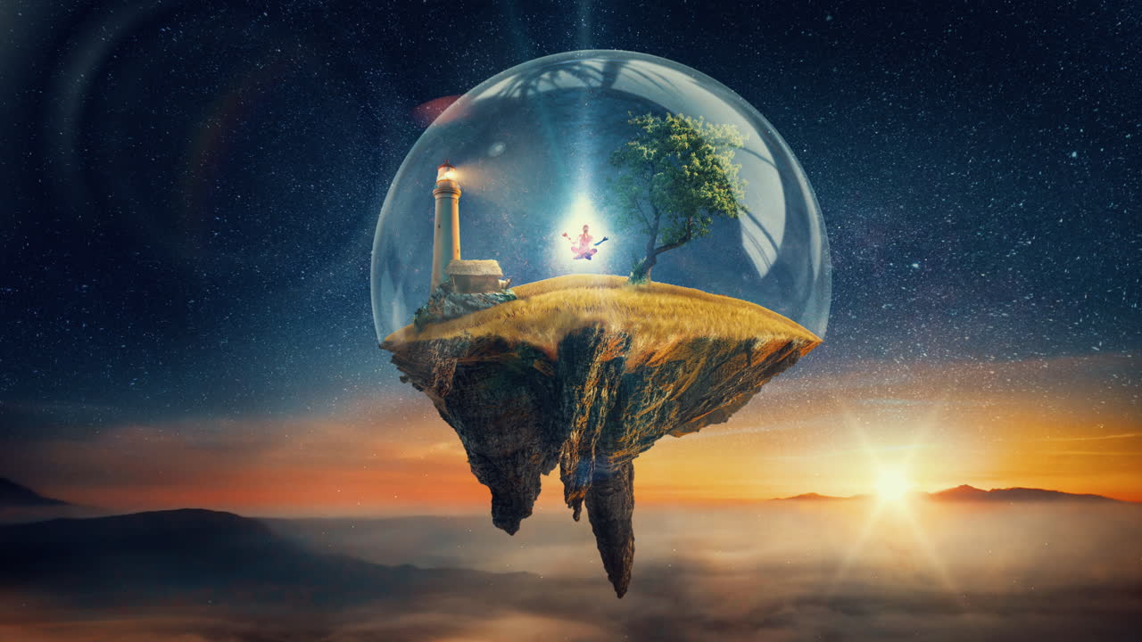 주위에 빛나는 에너지가 있는 날아다니는 섬에서 명상하는 남자