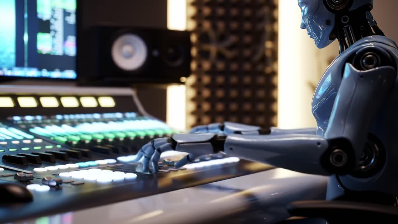 A futuristic robotic figure meticulously manipulating audio controls in a modern sound studio, showcasing advanced technology and creative sound design