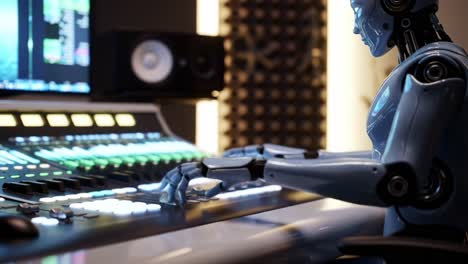 a futuristic robotic figure meticulously manipulating audio controls in a modern sound studio, showcasing advanced technology and creative sound design