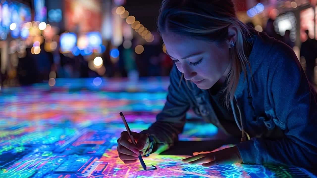 Engaging artist creates vibrant digital artwork at an urban event