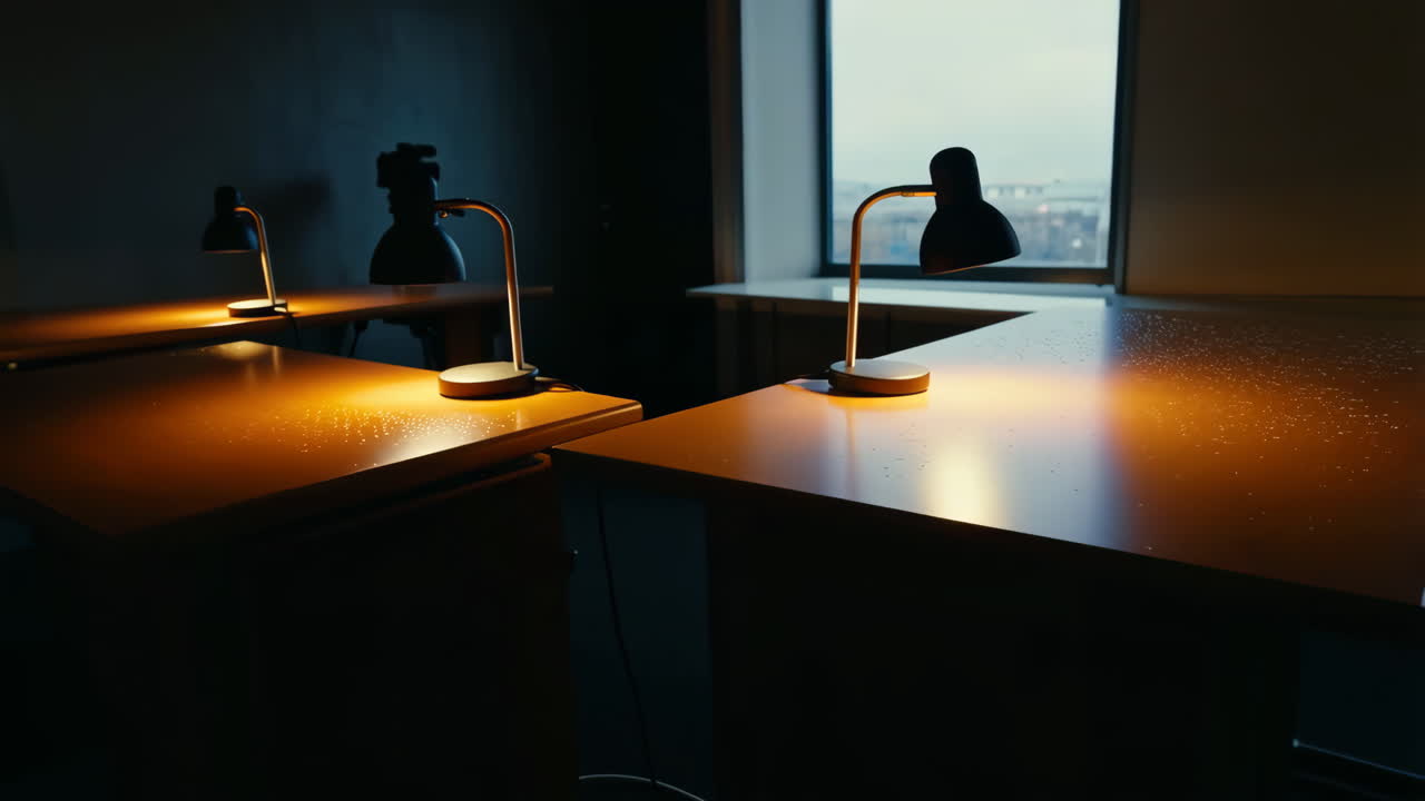 Empty office space with desk lamps