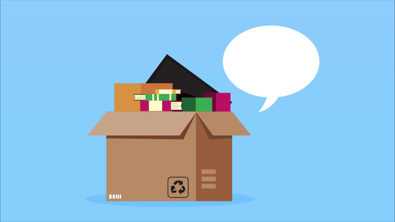 상자 및 스피치 버블을 가진 물류 서비스 애니메이션