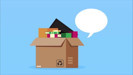 animación de servicio logístico con caja y burbuja de habla
