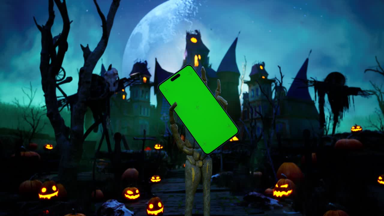 Skeleton Hand Rising Up Smartphone With Green Screen, Halloween Haunted House With Bats, And Pumpkins Under Scary Moon Cinematic Video Animation Background